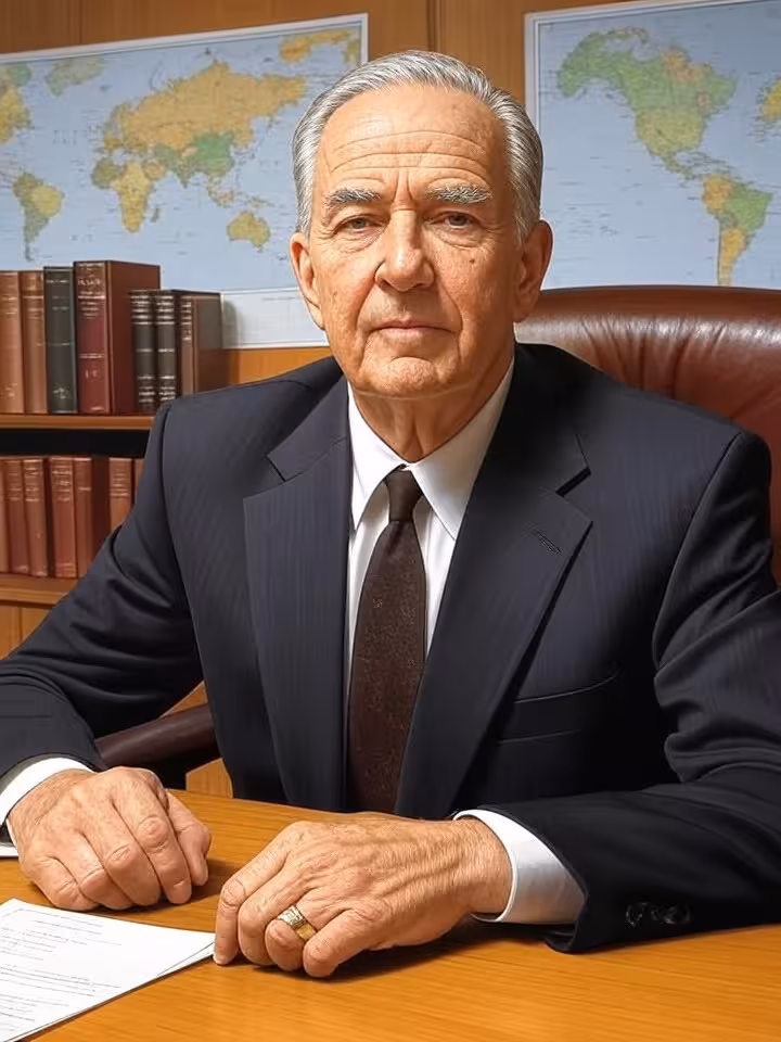 Portrait of elderly distinguished American banker in his office, 1980s style, surrounded by global m