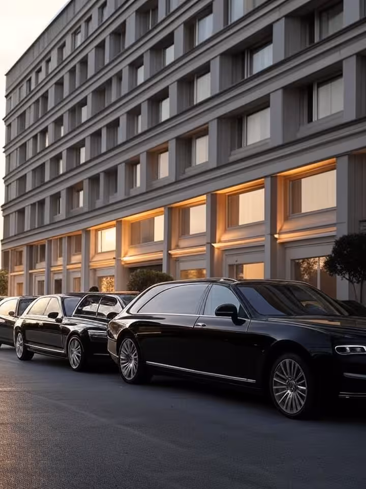 Luxury hotel exterior in Madrid Spain at sunset with security presence and black cars, photorealisti