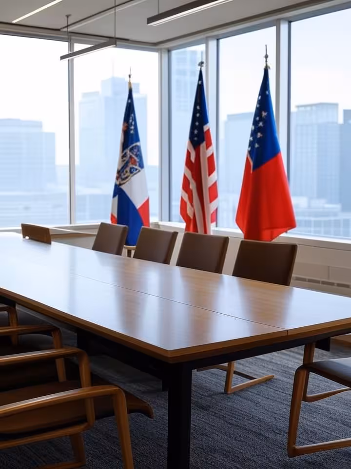Professional conference room with three regional flags representing North America, Europe, and Asia-