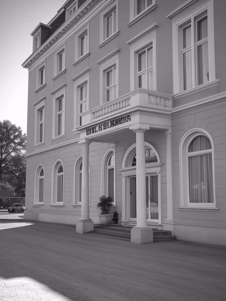 Historic 1954 black and white photograph style image of Hotel de Bilderberg in Netherlands, vintage