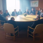 Alemanha e Bilderberg: 70 Years of Influence from Schmidt to Scholz (70 anos de influência de Schmidt a Scholz) Sala de conferências de meados do século com diplomatas europeus e americanos em ternos, mesa redonda, 1