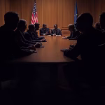 Les États-Unis et le Bilderberg : Histoire complète de l'implication américaine depuis 1954 Illustration d'une salle de conférence sophistiquée montrant des silhouettes de délégués internationaux autour d'un onglet.