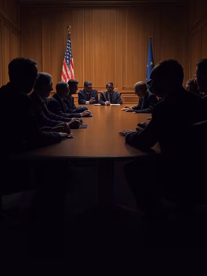 Sophisticated conference room illustration showing silhouettes of international delegates around tab