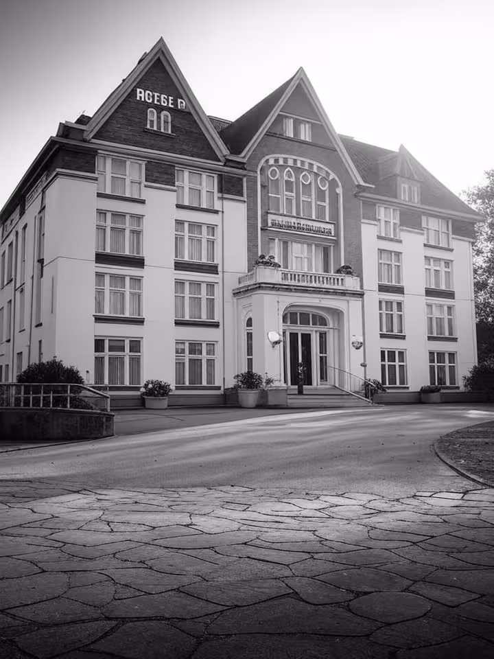 Vintage photograph style image of 1950s Hotel de Bilderberg in Netherlands, historic building exteri