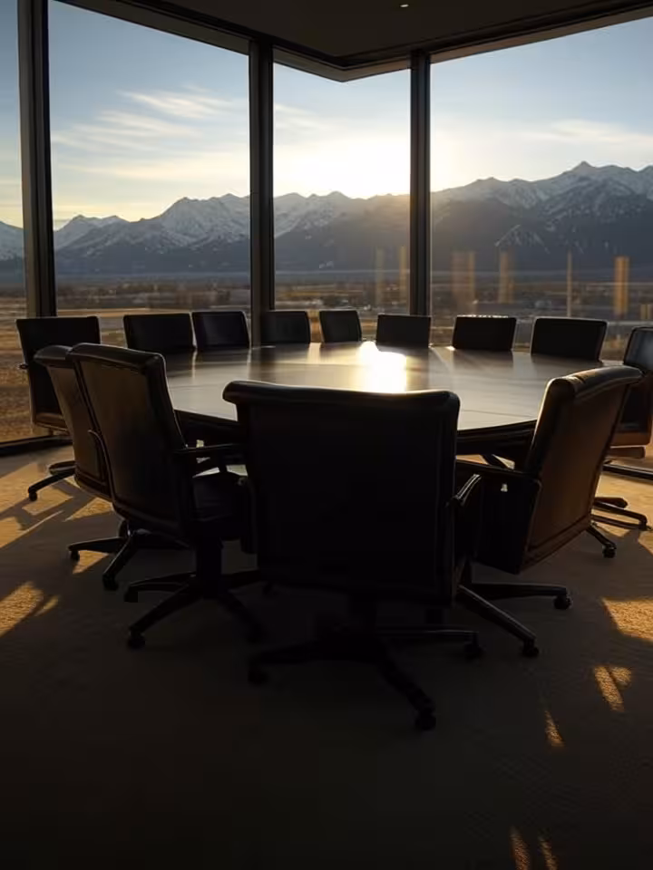 Elegant boardroom with circular seating arrangement, approximately 40 empty leather chairs around a