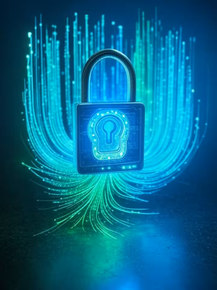 Modern cybersecurity concept visualization with digital locks, encrypted data streams, abstract tech