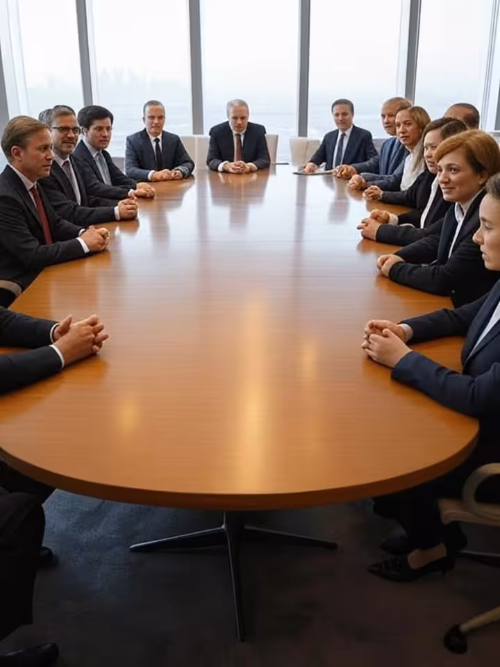 Contemporary conference room with diverse international leaders in discussion, modern European luxur