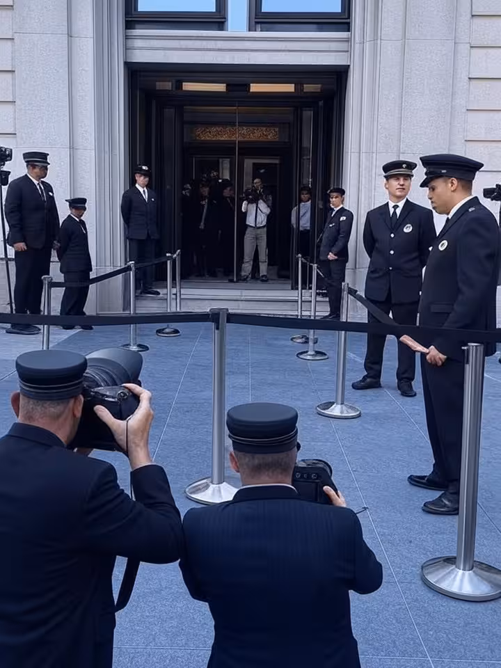 Security perimeter with barriers and guards outside luxury hotel during high-profile conference, med