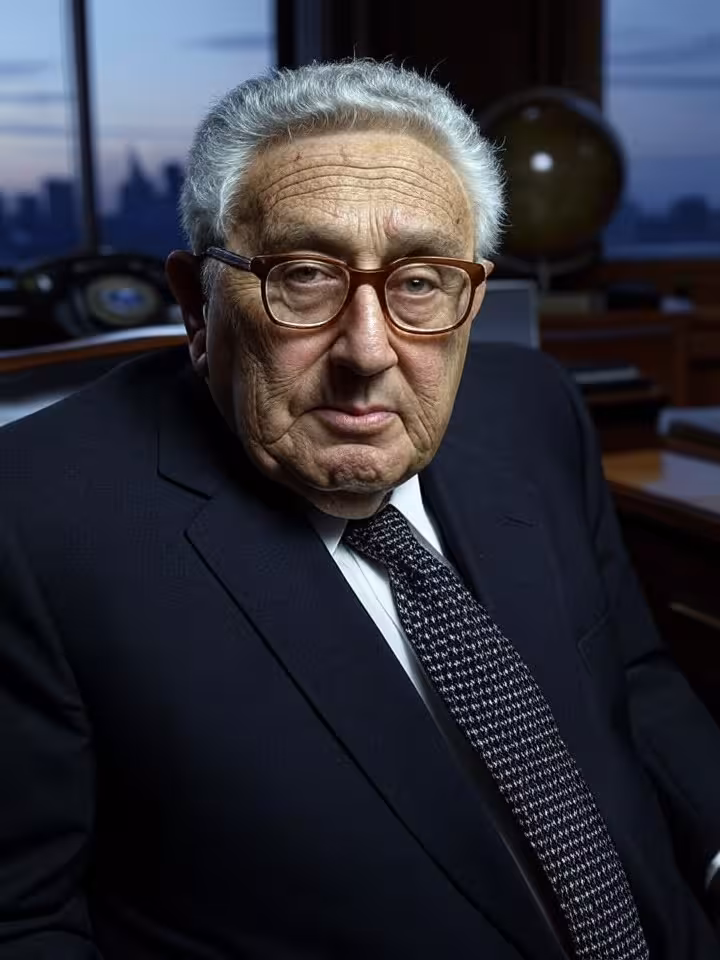 Portrait composition of Henry Kissinger style diplomat in 1970s office with globe and vintage teleph