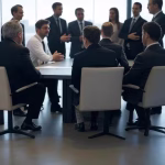 Is Bilderberg a Secret World Government? Examining 70 Years of Evidence and Conspiracy Claims Modern boardroom with diverse international business leaders and politicians in discussion, contempo