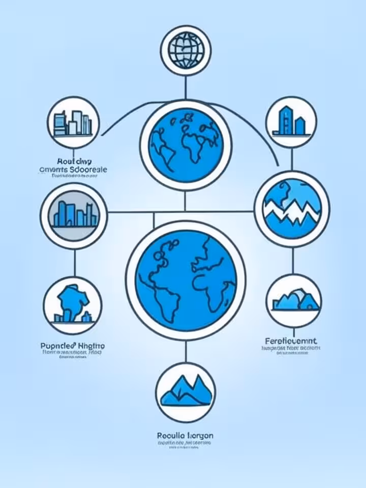 Organizational chart visualization showing three interconnected regional groups with professional ic