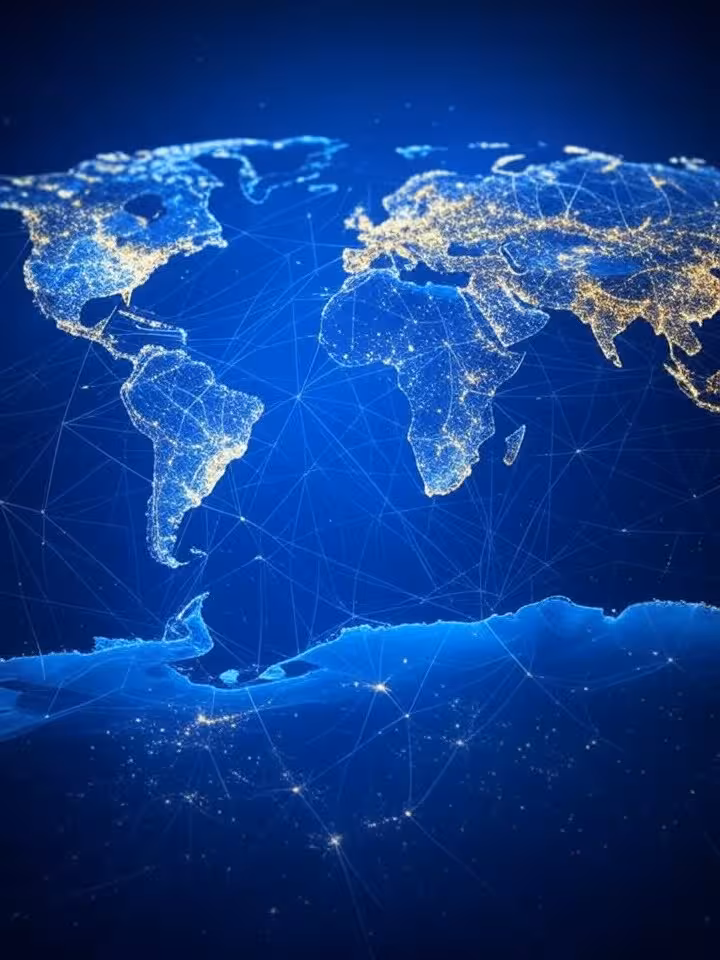 Conceptual visualization of global network connections between major cities, digital web overlaying