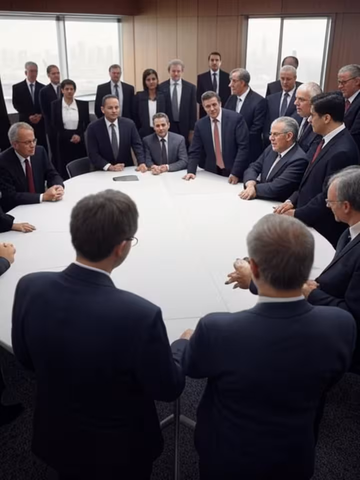 International political summit scene, diverse group of suited diplomats and business leaders in disc