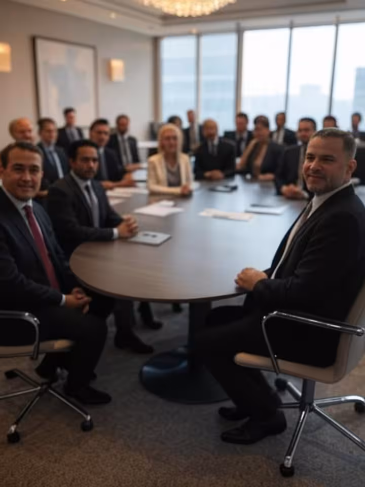 Modern luxury hotel conference venue, contemporary international summit setting, diverse global lead