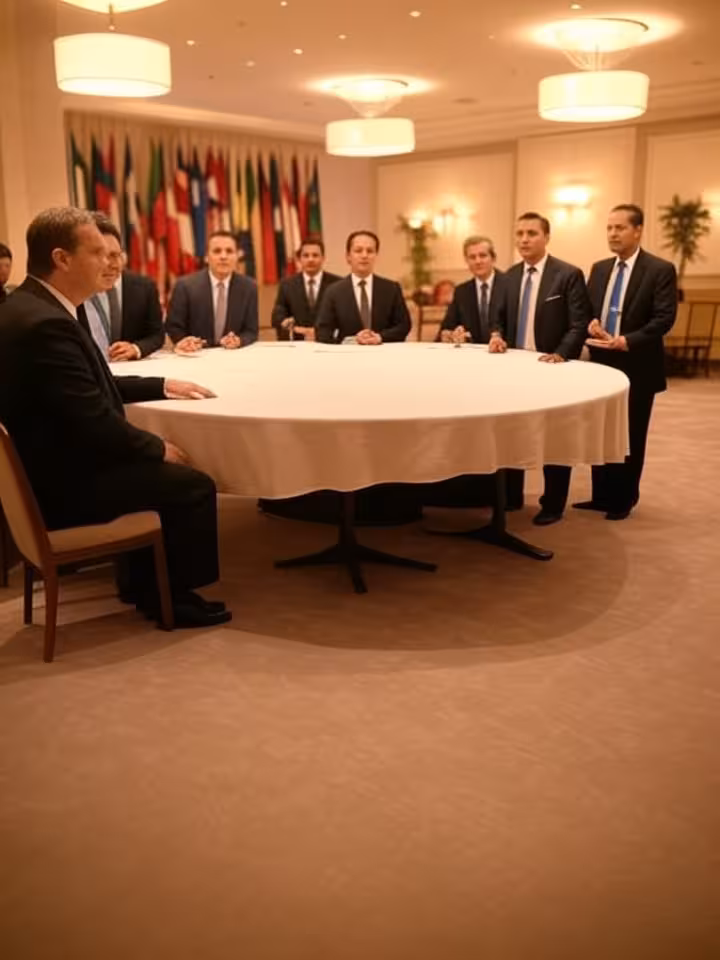 Bilderberg conference room with international flags, oval table setup, elegant hotel ballroom, anony