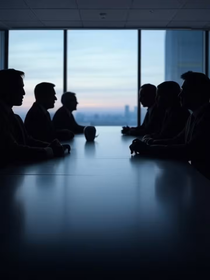 Anonymous silhouettes of business executives around a conference table, backlit against large window