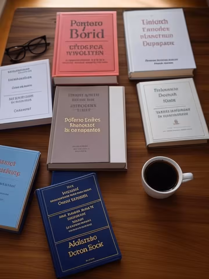 Book cover mockup on wooden desk with reading glasses and coffee, international editions in multiple