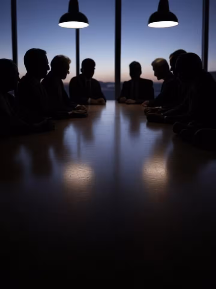 High-level international diplomacy meeting abstract representation, diverse group silhouettes around