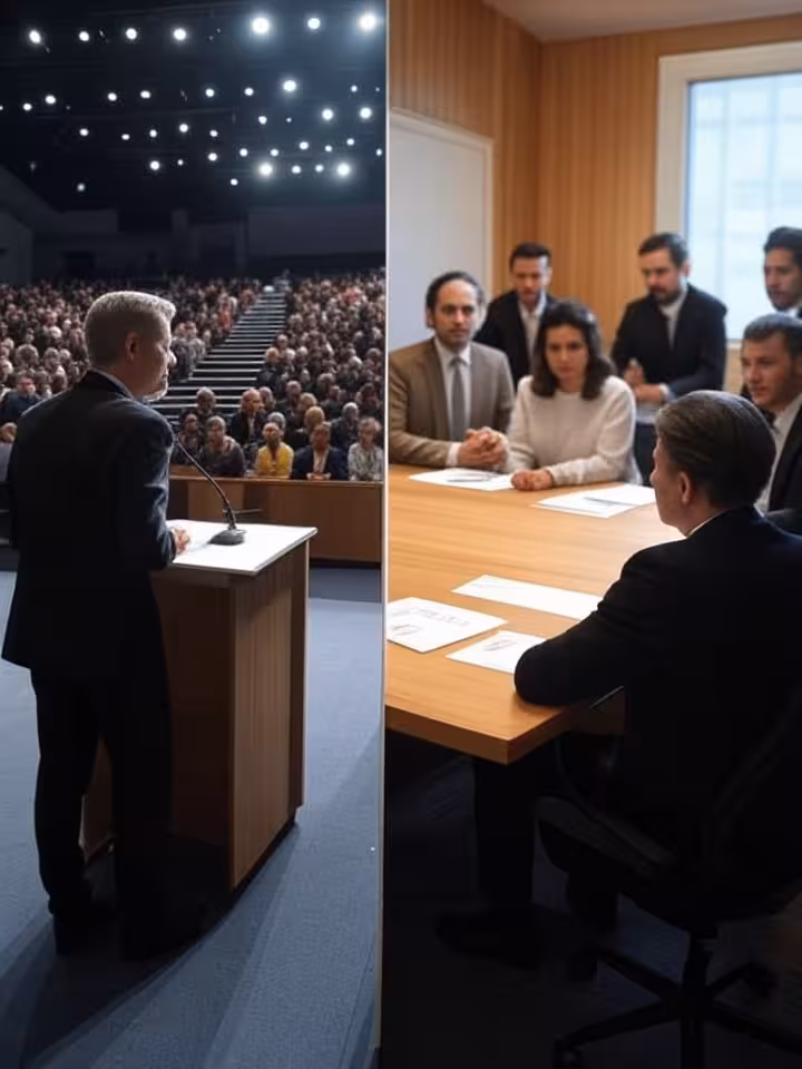 Split-screen comparison visual showing contrasting meeting styles - one formal public conference and
