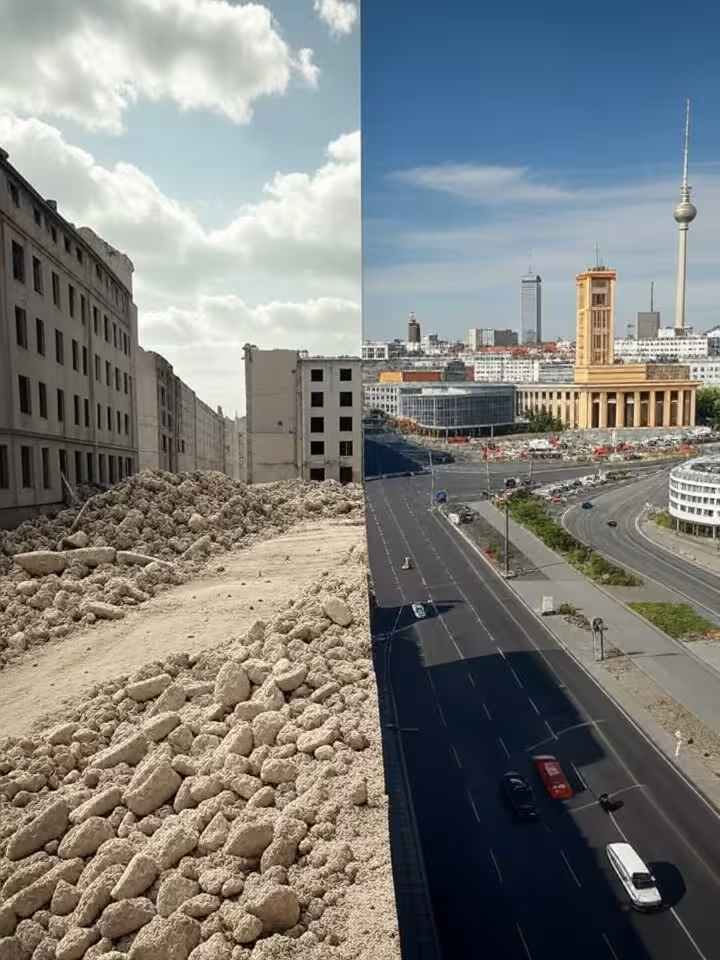 Split-screen composition showing 1950s postwar reconstruction Germany versus modern Berlin skyline,