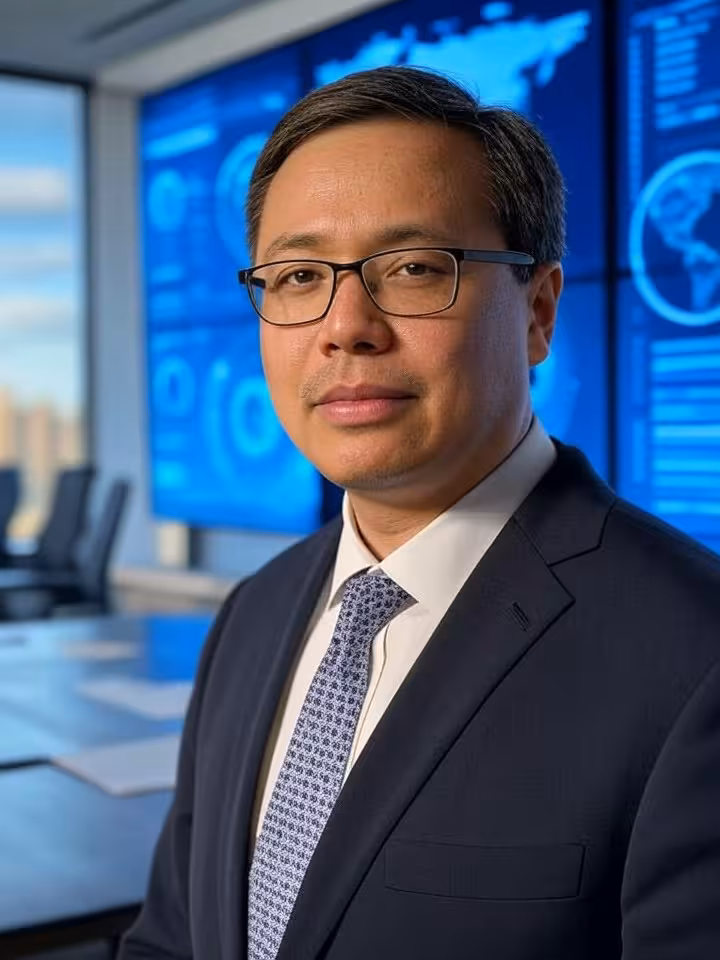 Silicon Valley tech executive in modern conference setting with digital screens showing AI graphics