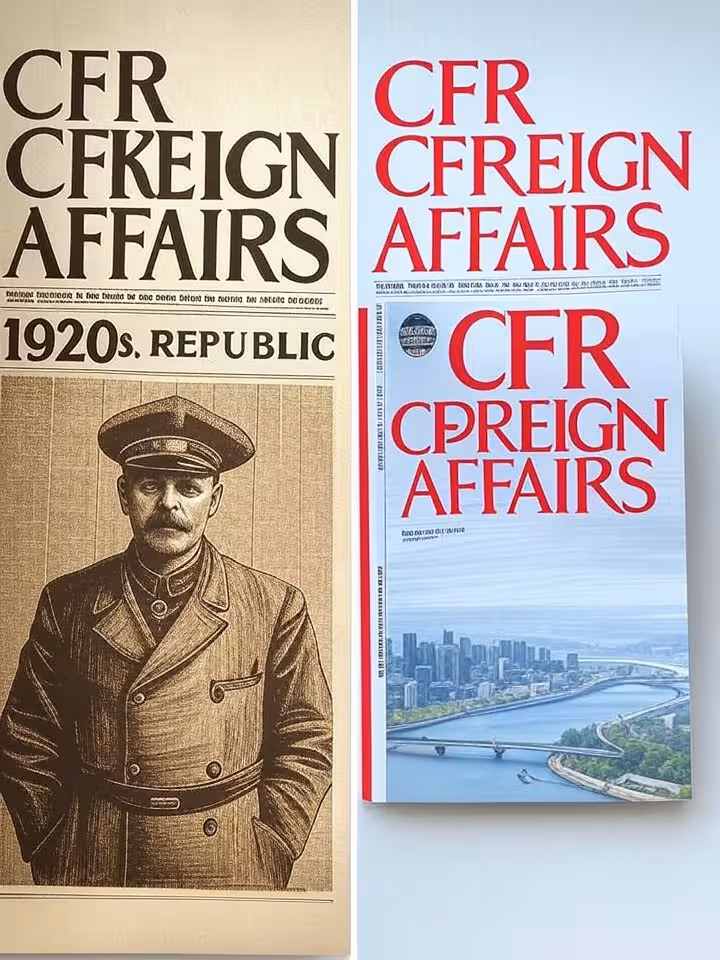 Split-screen comparison showing CFR Foreign Affairs magazine covers from 1920s and 2020s, evolution