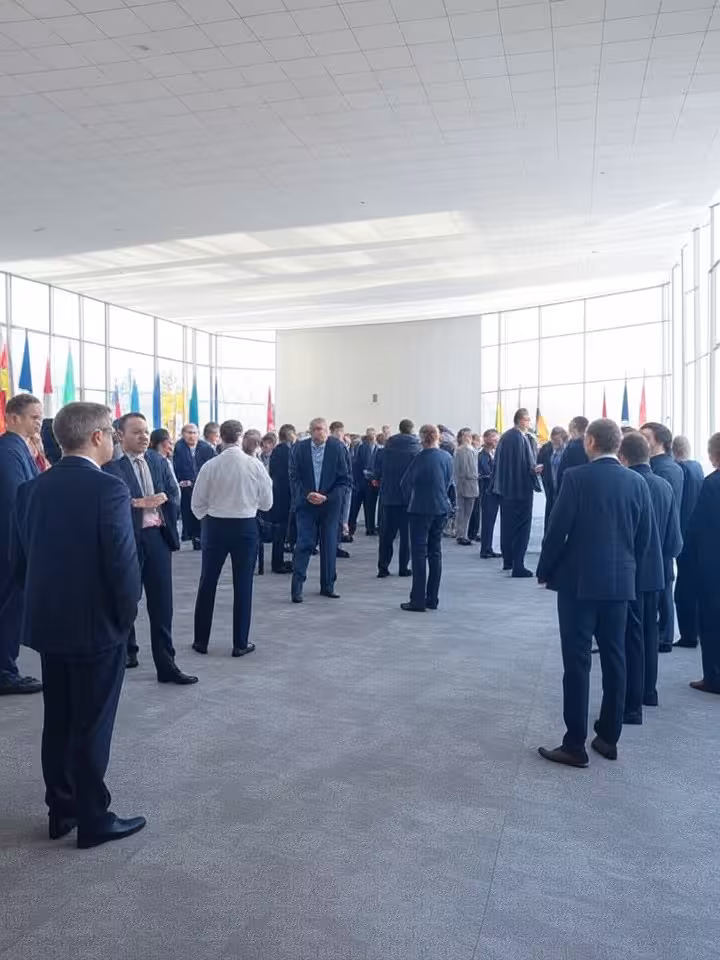 Wide shot of an international conference hall with national flags, diverse group of people in busine