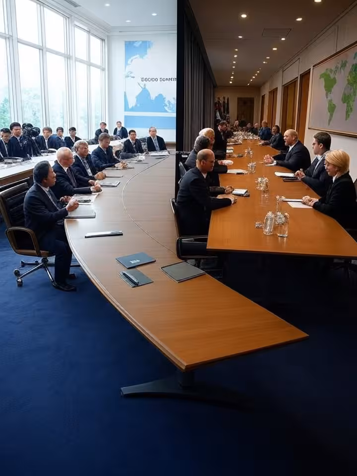 Split composition showing public G20 summit with media crews on one side and private closed-door mee