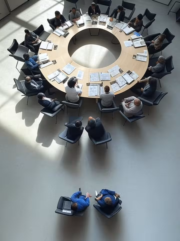 Artistic overhead view of circular conference table with diverse international delegates, documents