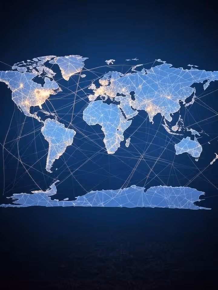 World map with highlighted trilateral regions connected by network lines, digital visualization, geo