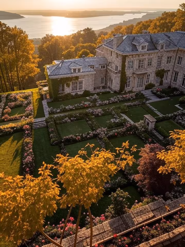 Pocantico Hills estate landscape, sprawling mansion on hillside, manicured gardens, Hudson River Val