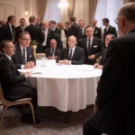 China and Russia in Bilderberg Debates: Inside 70 Years of Geopolitical Rivalry Discussions (1954-2024) 1954 European diplomatic conference in elegant hotel setting, Cold War era political meeting, vintag