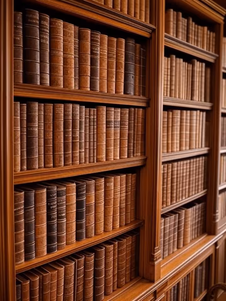 vintage bookshelf with antique leather-bound books about international diplomacy and political histo