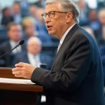 Bill Gates and Bilderberg: Complete Verified History of Attendances (2010-2019) Bill Gates speaking at a formal international conference podium with world leaders in audience, prof