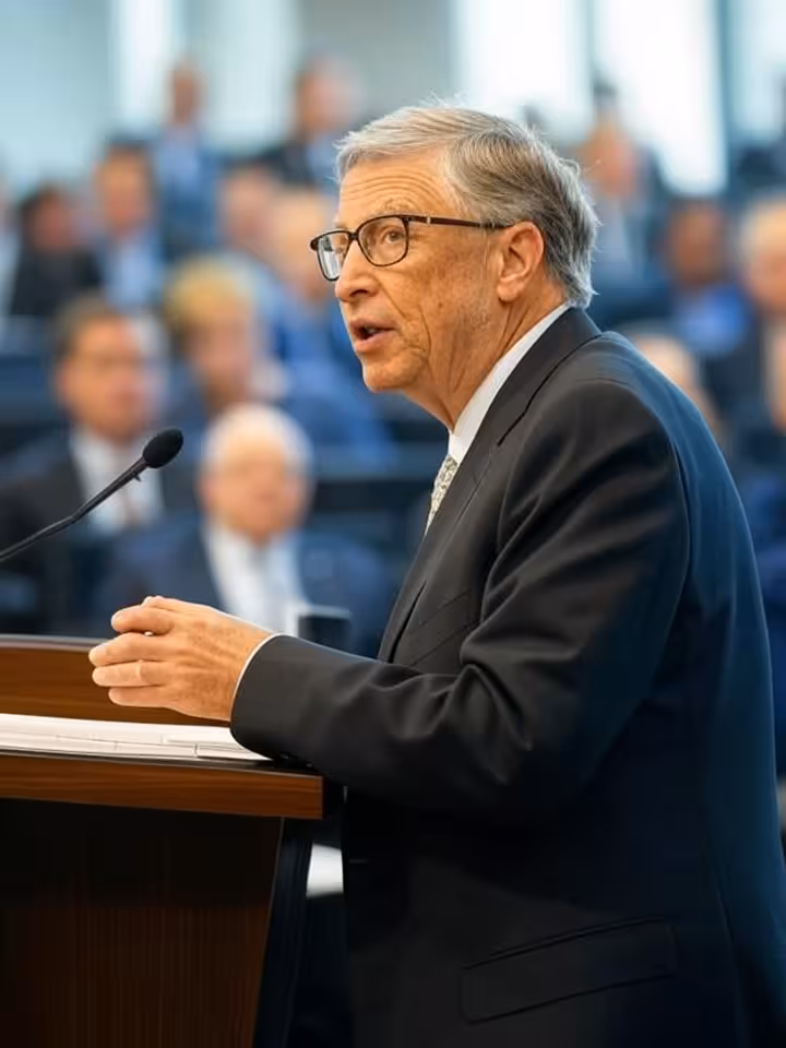 Bill Gates speaking at a formal international conference podium with world leaders in audience, prof