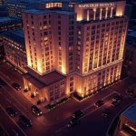 Bilderberg 2022 Washington DC: First Post-Pandemic Meeting and Global Reset Agenda Aerial view of the Mandarin Oriental hotel in Washington DC at dusk, with security perimeters and bl