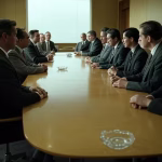 What is an Attendee List in Bilderberg: Official vs Leaked Lists Explained Vintage photograph style image of a 1950s conference room with delegates seated around a large woode