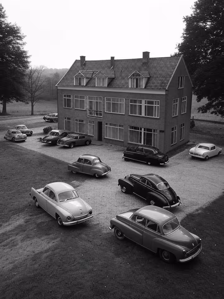 Aerial view of the original Hotel de Bilderberg in Oosterbeek Netherlands 1954, black and white arch