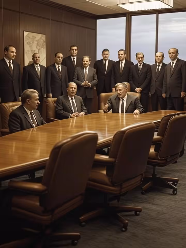 Vintage 1954 conference room with European and American diplomats in suits, Cold War era aesthetic,