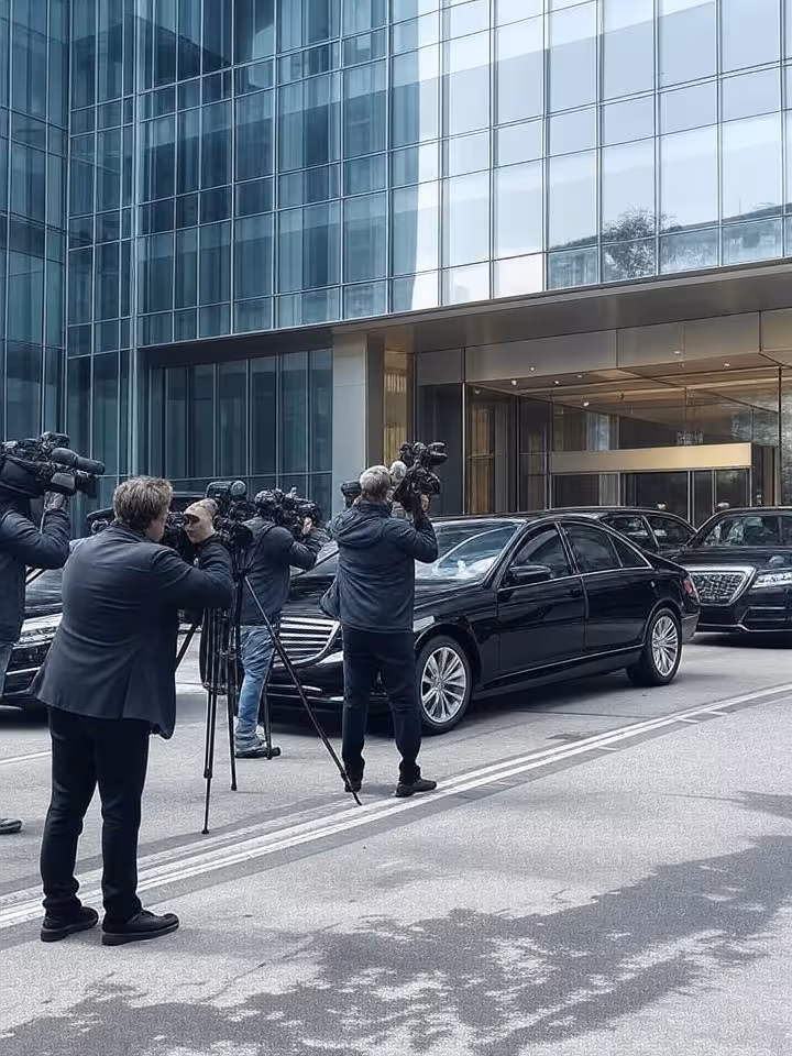 Modern luxury hotel venue entrance with security perimeter, international press photographers with c