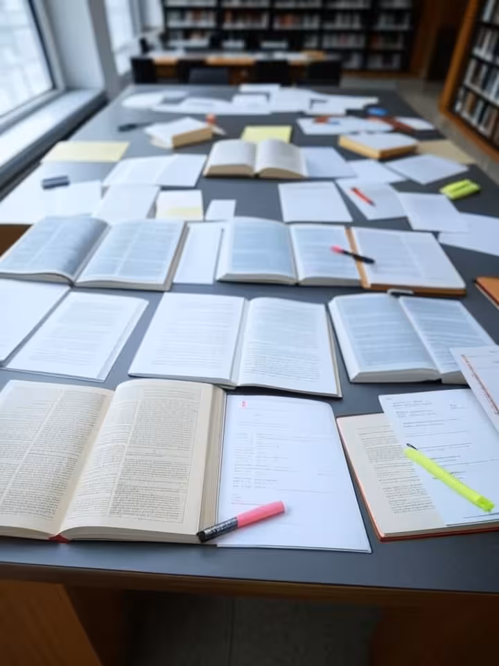 modern academic library research desk with open books, highlighters, and research notes about global