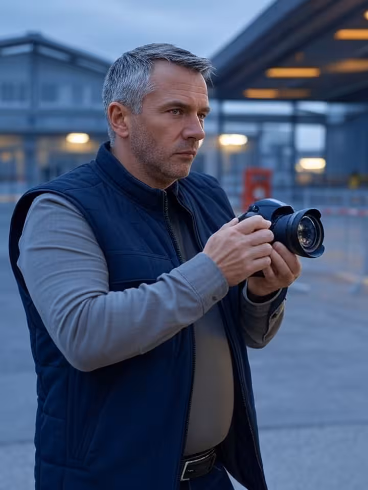 documentary filmmaker with professional camera equipment outside high-security venue, journalistic p
