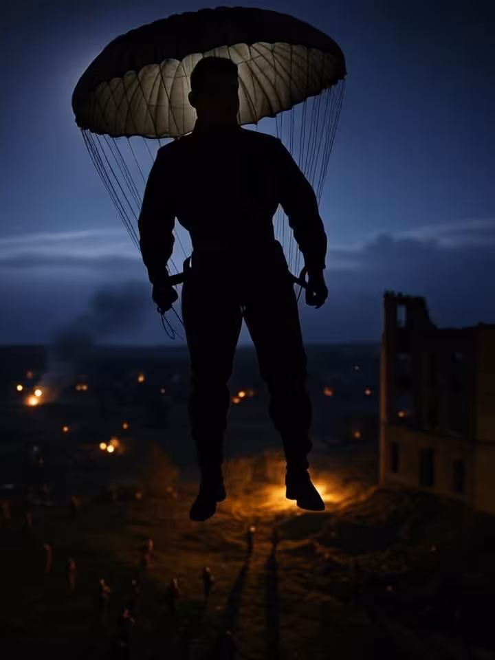 Dramatic scene of parachute drop over occupied Poland 1944, World War II setting, night operation wi