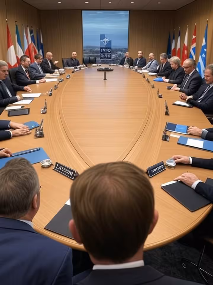 Official NATO summit meeting room with flags of member nations, large conference table with nameplat