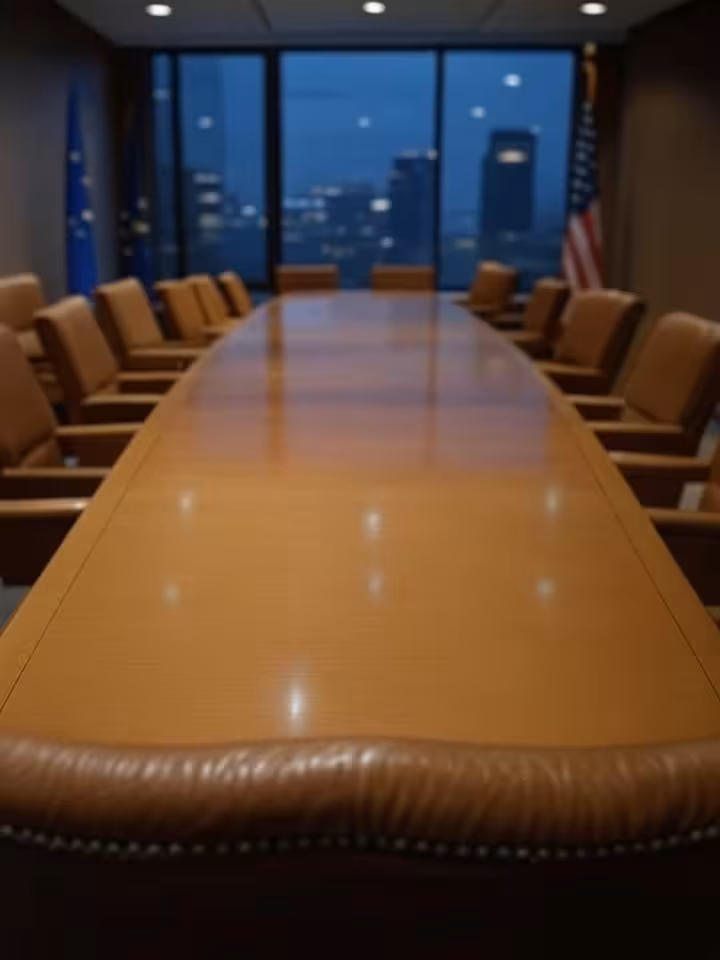 Sophisticated boardroom interior with European and American flags, leather chairs around polished co