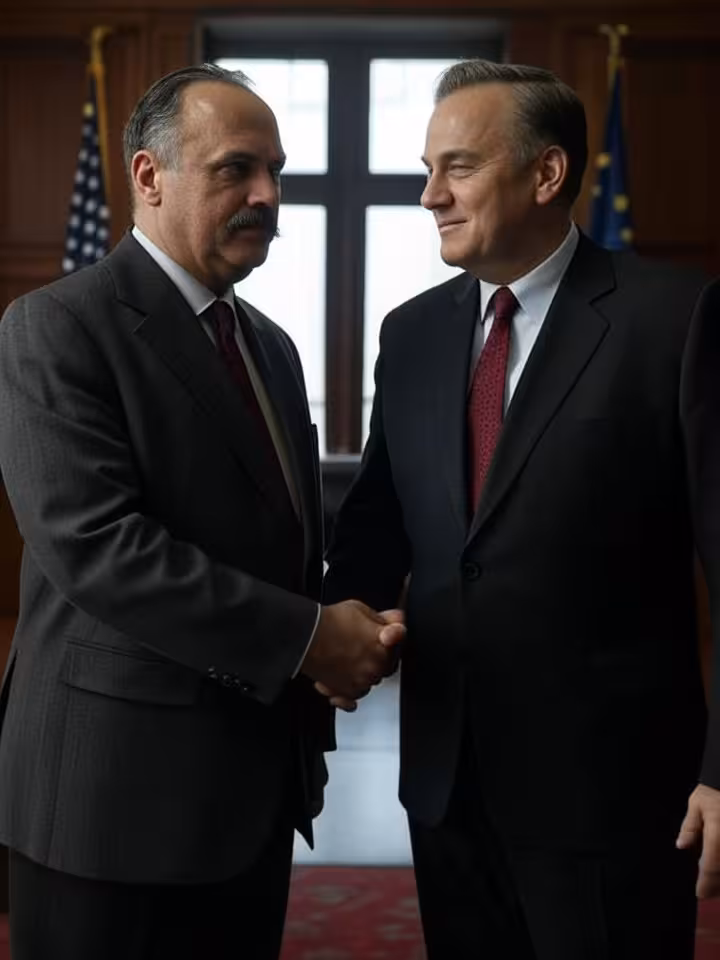 Symbolic image of handshake between European and American business leaders in formal setting with tr