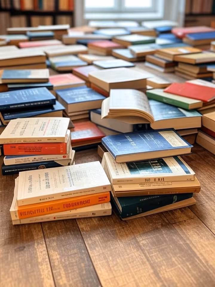 collection of international books in multiple languages spread across wooden table, European and Ame