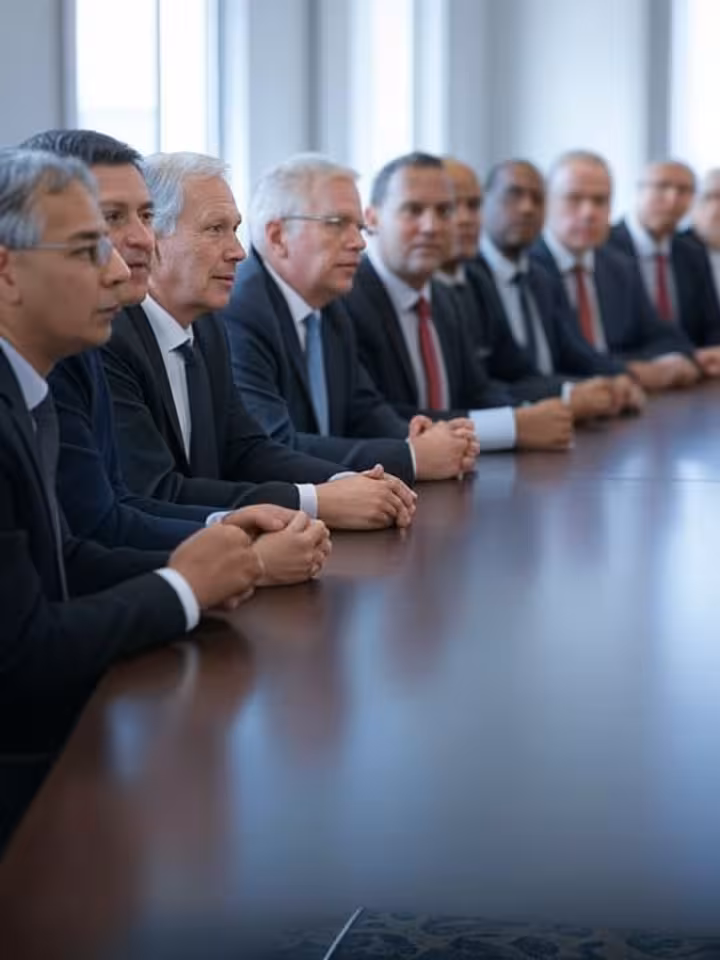 Group of diverse international business and political leaders in formal discussion around conference