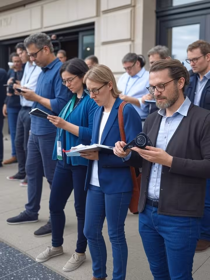 Journalists working in designated press area outside exclusive venue, reporters with notebooks and c