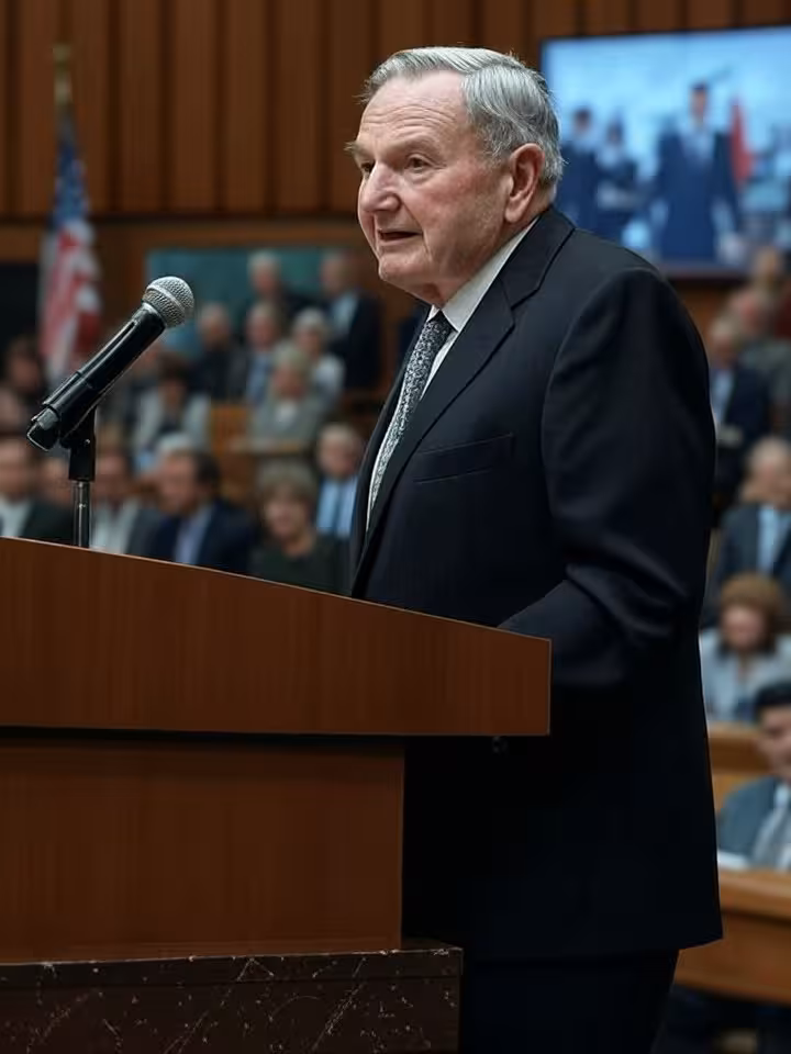 David Rockefeller speaking at international policy forum, distinguished elderly statesman at podium,